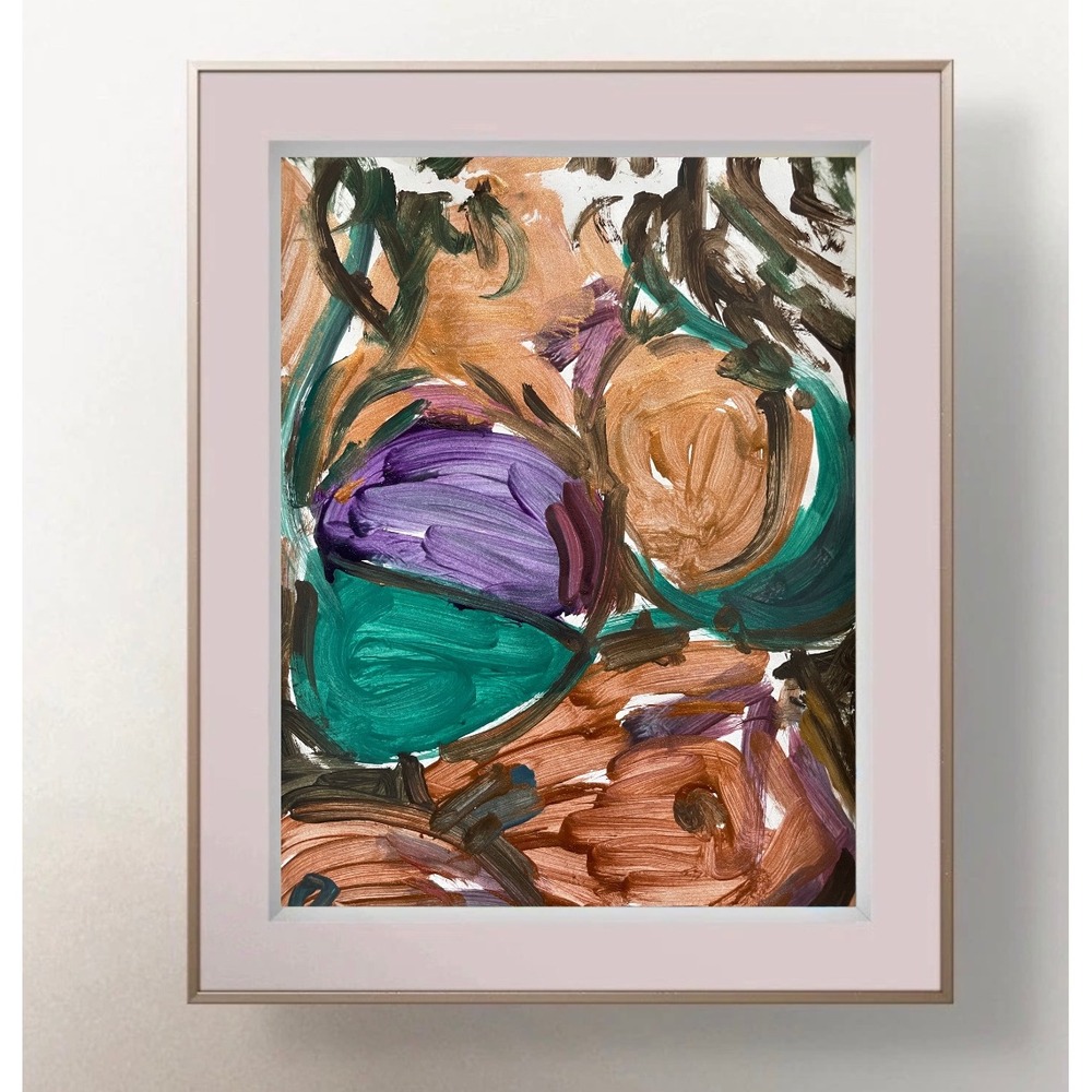Abstract Expressionist Nude Acrylic Painting Earth Tones Teal Purple 8.5x11 Art